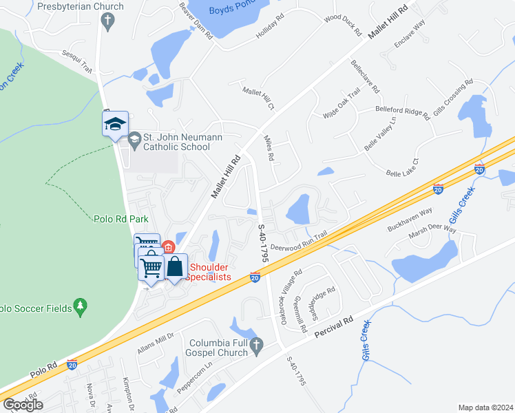 map of restaurants, bars, coffee shops, grocery stores, and more near 304 White Birch Circle in Columbia