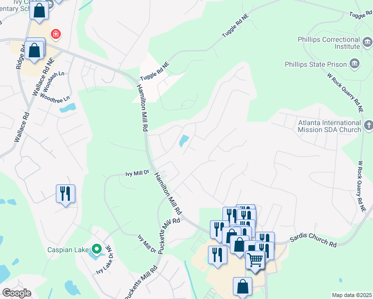 map of restaurants, bars, coffee shops, grocery stores, and more near 3668 Burel Mill Drive in Buford