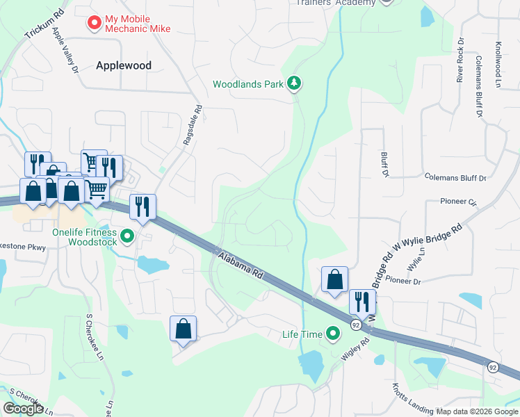 map of restaurants, bars, coffee shops, grocery stores, and more near 208 Balaban Circle in Woodstock