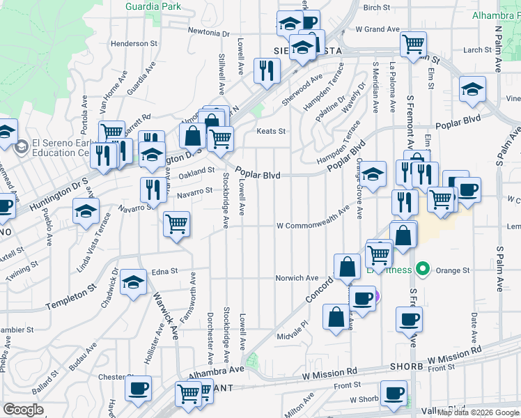 map of restaurants, bars, coffee shops, grocery stores, and more near 3534 Sheffield Avenue in Los Angeles
