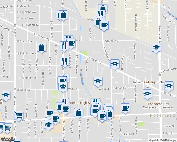 map of restaurants, bars, coffee shops, grocery stores, and more near 4530 Delta Street in Rosemead