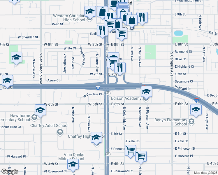 map of restaurants, bars, coffee shops, grocery stores, and more near San Bernardino Fwy in Ontario