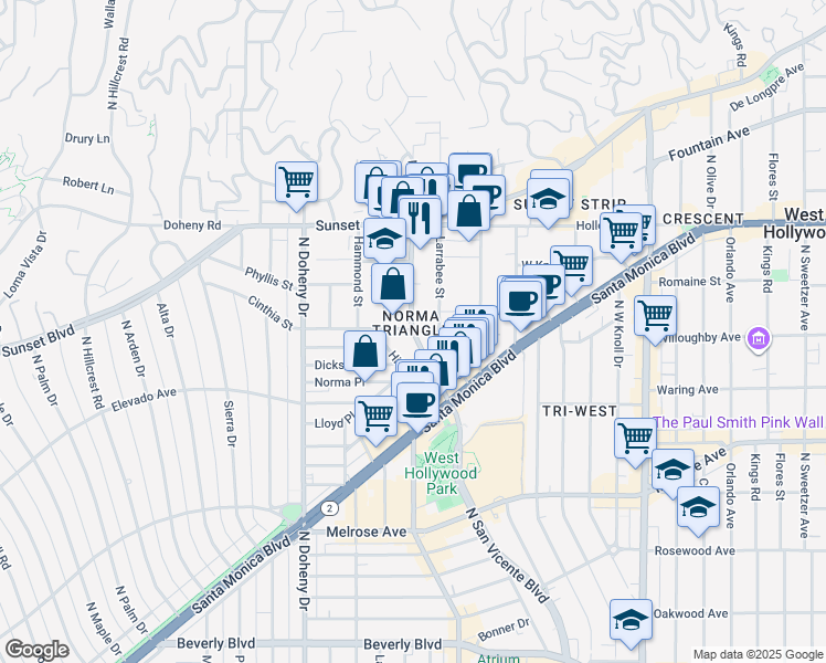 map of restaurants, bars, coffee shops, grocery stores, and more near N San Vicente Blvd & Cynthia St in West Hollywood