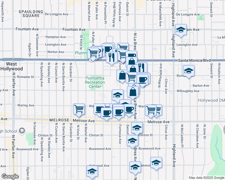 map of restaurants, bars, coffee shops, grocery stores, and more near 7229 Willoughby Avenue in Los Angeles