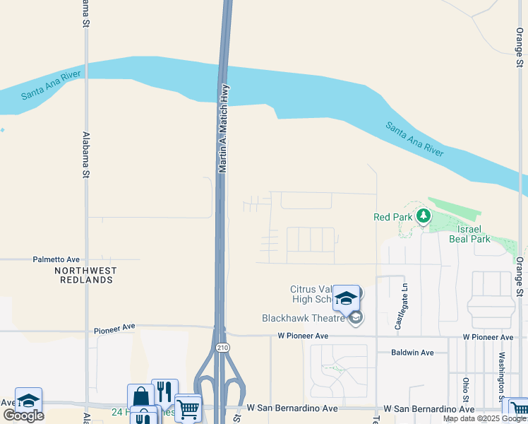 map of restaurants, bars, coffee shops, grocery stores, and more near 2163 Bergamot Street in Redlands