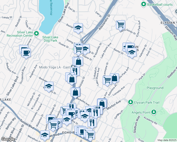 map of restaurants, bars, coffee shops, grocery stores, and more near 1812 North Alvarado Street in Los Angeles