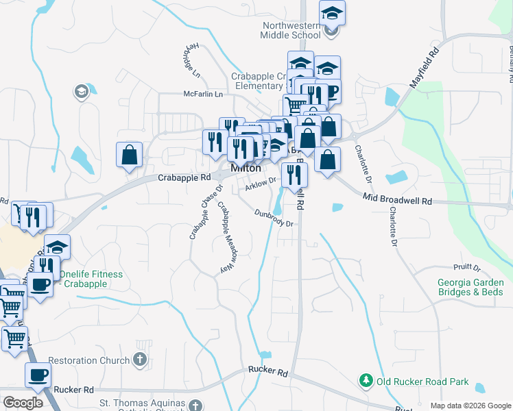 map of restaurants, bars, coffee shops, grocery stores, and more near 680 Dunbrody Drive in Milton