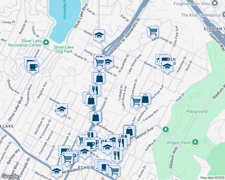 map of restaurants, bars, coffee shops, grocery stores, and more near 1812 North Alvarado Street in Los Angeles