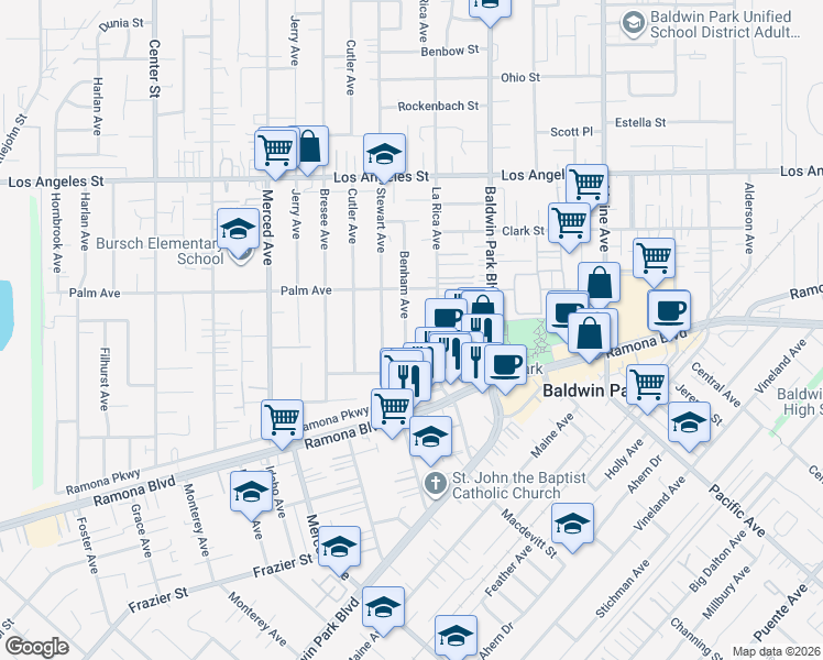 map of restaurants, bars, coffee shops, grocery stores, and more near 4123 1/2 La Rica Avenue in Baldwin Park