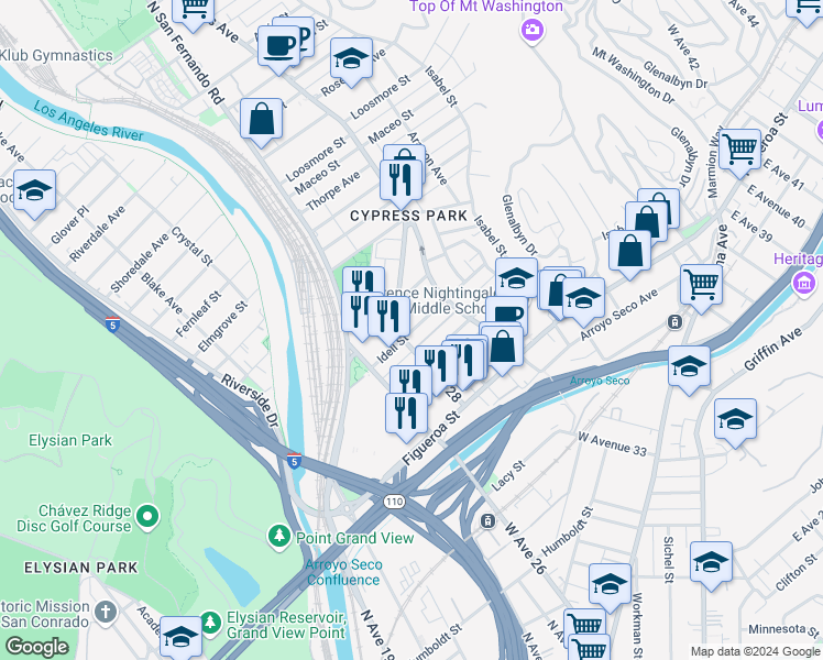 map of restaurants, bars, coffee shops, grocery stores, and more near 2620 Idell Street in Los Angeles
