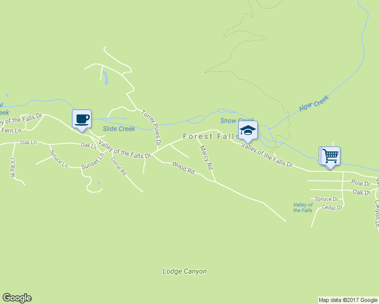 map of restaurants, bars, coffee shops, grocery stores, and more near 9165 Coffey Road in Forest Falls