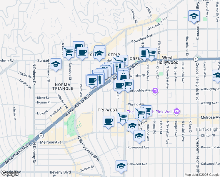 map of restaurants, bars, coffee shops, grocery stores, and more near 8587 Rugby Drive in West Hollywood