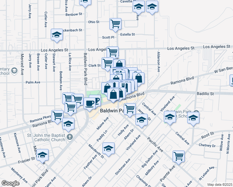 map of restaurants, bars, coffee shops, grocery stores, and more near 4126 Maine Avenue in Baldwin Park