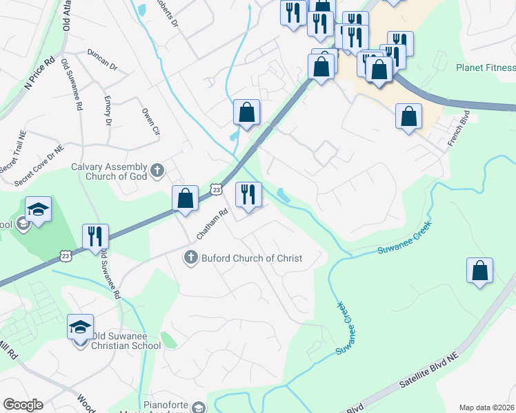 map of restaurants, bars, coffee shops, grocery stores, and more near 4187 Chatham Ridge Drive in Buford