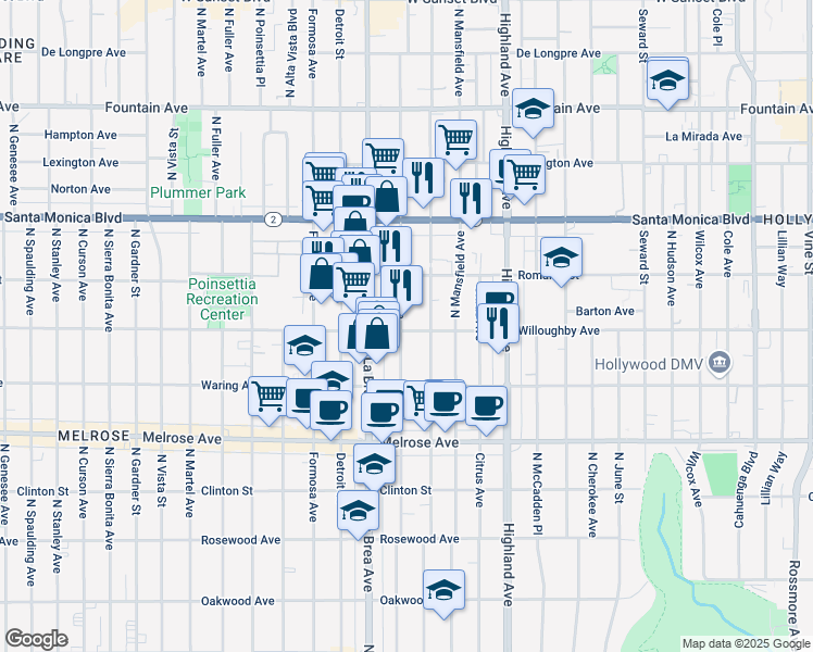 map of restaurants, bars, coffee shops, grocery stores, and more near 7029 Willoughby Avenue in Los Angeles