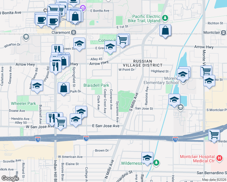 map of restaurants, bars, coffee shops, grocery stores, and more near 472 Converse Avenue in Claremont