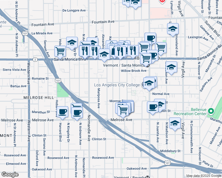 map of restaurants, bars, coffee shops, grocery stores, and more near 848 Alexandria Avenue in Los Angeles