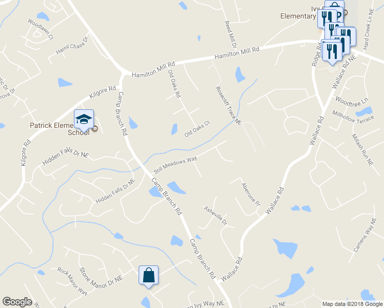 map of restaurants, bars, coffee shops, grocery stores, and more near 2850 Still Meadows Way in Buford