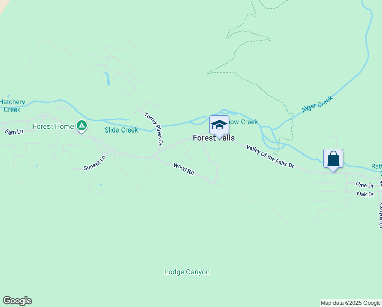 map of restaurants, bars, coffee shops, grocery stores, and more near 9165 Coffey Road in Forest Falls
