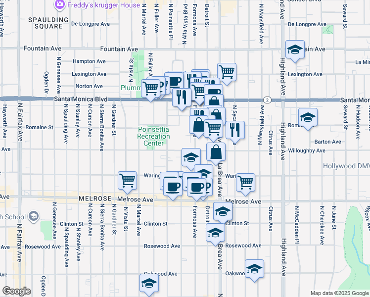 map of restaurants, bars, coffee shops, grocery stores, and more near 7223 Willoughby Avenue in Los Angeles