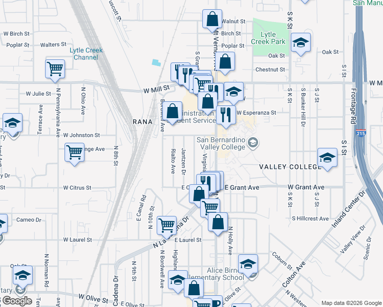 map of restaurants, bars, coffee shops, grocery stores, and more near 1720 Jantzen Drive in Colton