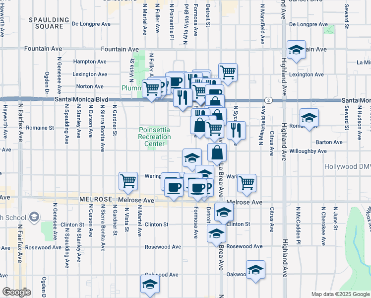 map of restaurants, bars, coffee shops, grocery stores, and more near 7223 Willoughby Avenue in Los Angeles