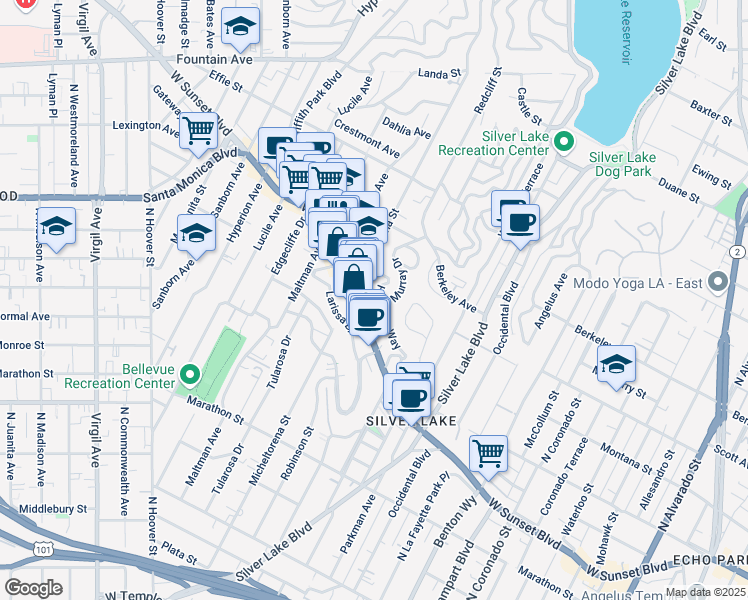 map of restaurants, bars, coffee shops, grocery stores, and more near 3324 Hamilton Way in Los Angeles
