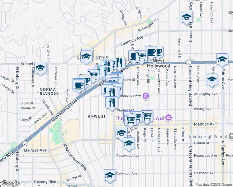 map of restaurants, bars, coffee shops, grocery stores, and more near 906 North La Cienega Boulevard in Los Angeles