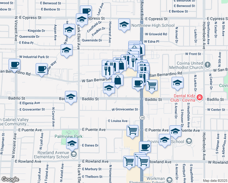 map of restaurants, bars, coffee shops, grocery stores, and more near 259 Pin Lane in Covina