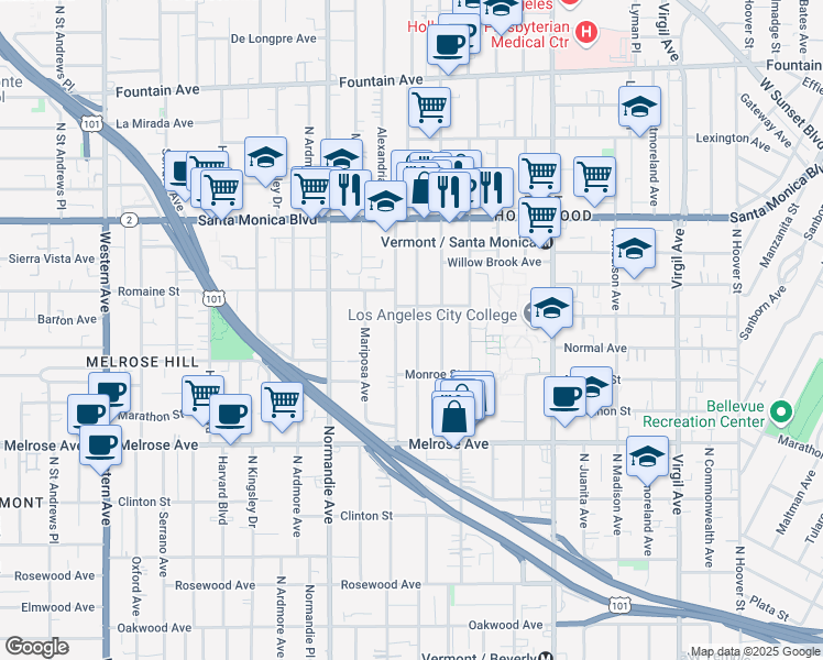 map of restaurants, bars, coffee shops, grocery stores, and more near 848 Alexandria Avenue in Los Angeles