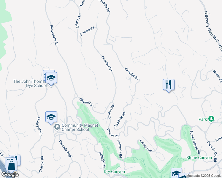 map of restaurants, bars, coffee shops, grocery stores, and more near 925 Chantilly Road in Los Angeles
