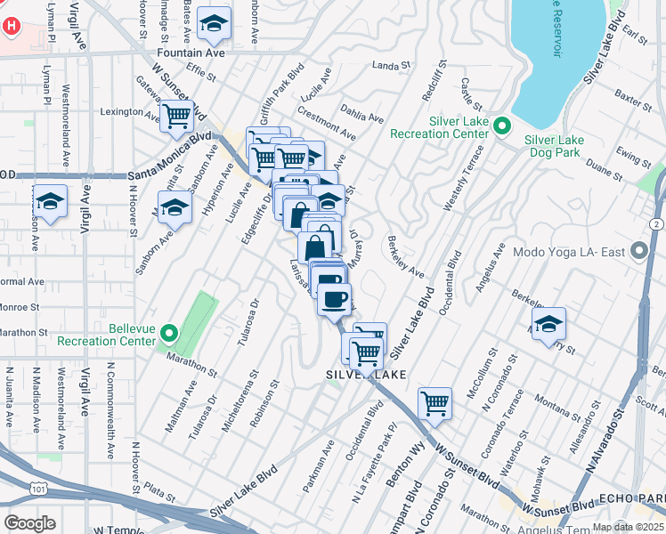 map of restaurants, bars, coffee shops, grocery stores, and more near 3330 Hamilton Way in Los Angeles
