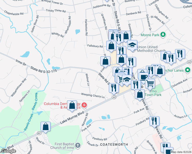 map of restaurants, bars, coffee shops, grocery stores, and more near 8 Crescent Lane in Columbia