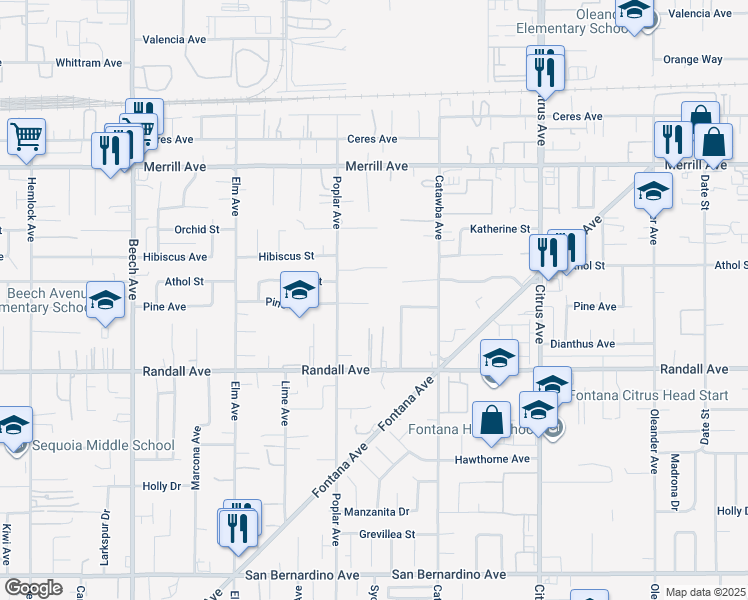 map of restaurants, bars, coffee shops, grocery stores, and more near 15740 Pine Avenue in Fontana