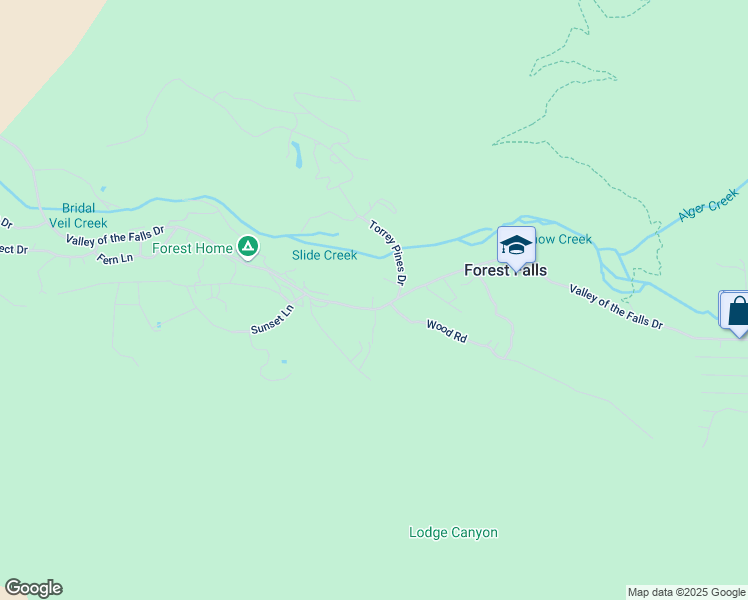 map of restaurants, bars, coffee shops, grocery stores, and more near 40220 May Road in Forest Falls