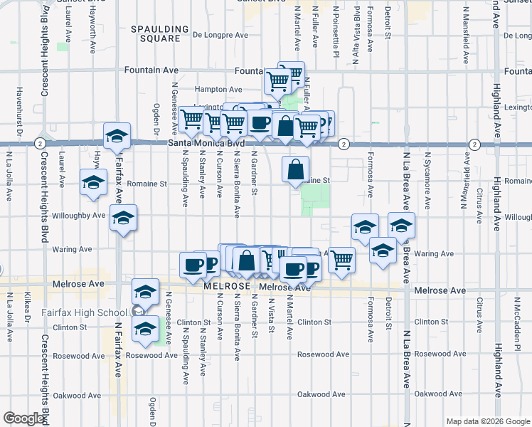 map of restaurants, bars, coffee shops, grocery stores, and more near 903 North Vista Street in Los Angeles
