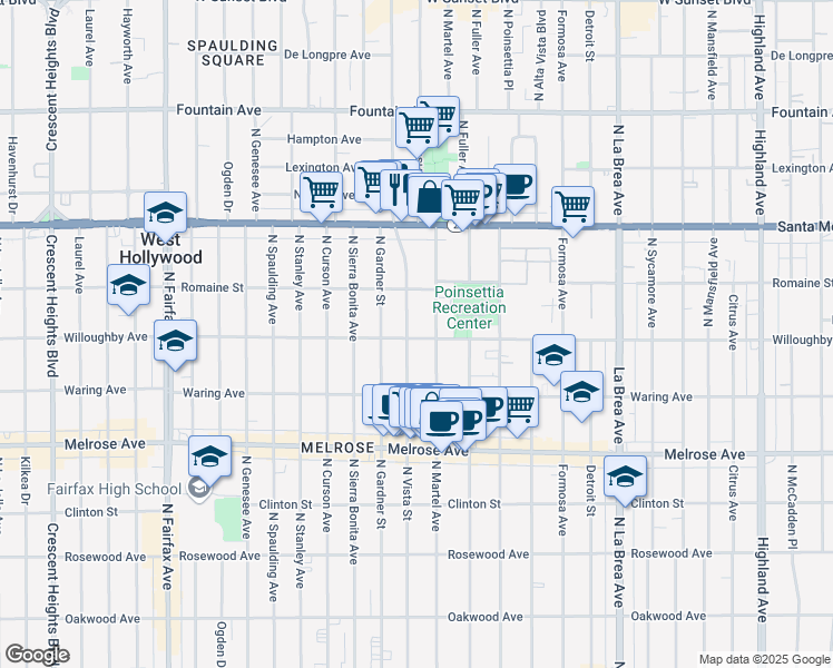 map of restaurants, bars, coffee shops, grocery stores, and more near 900 North Vista Street in Los Angeles