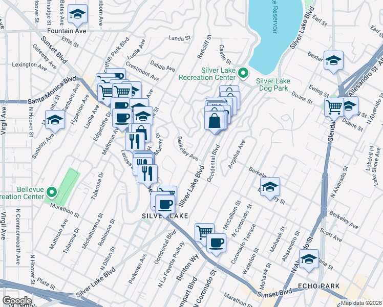 map of restaurants, bars, coffee shops, grocery stores, and more near 1501 Westerly Terrace in Los Angeles