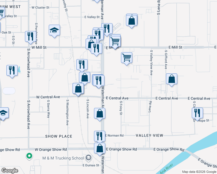 map of restaurants, bars, coffee shops, grocery stores, and more near 737 South Waterman Avenue in San Bernardino