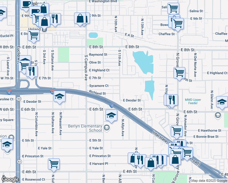 map of restaurants, bars, coffee shops, grocery stores, and more near 1019 Richland Street in Upland
