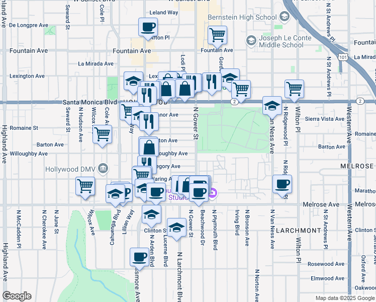 map of restaurants, bars, coffee shops, grocery stores, and more near 5819 Willoughby Avenue in Los Angeles