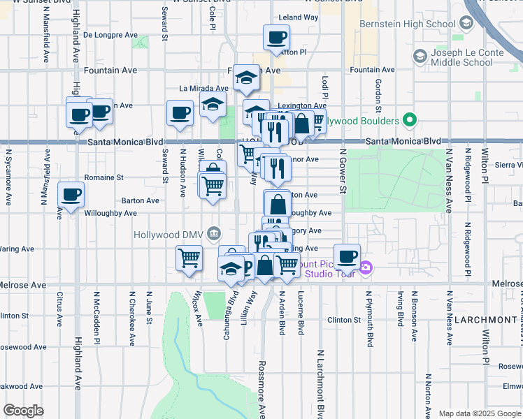 map of restaurants, bars, coffee shops, grocery stores, and more near 901 Vine Street in Los Angeles