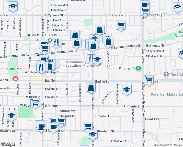 map of restaurants, bars, coffee shops, grocery stores, and more near 147 North Barranca Avenue in Covina