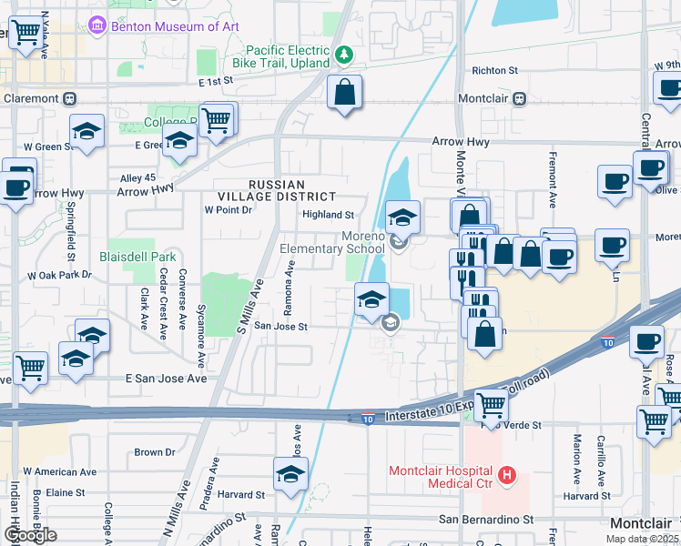 map of restaurants, bars, coffee shops, grocery stores, and more near 9187 Felipe Avenue in Montclair