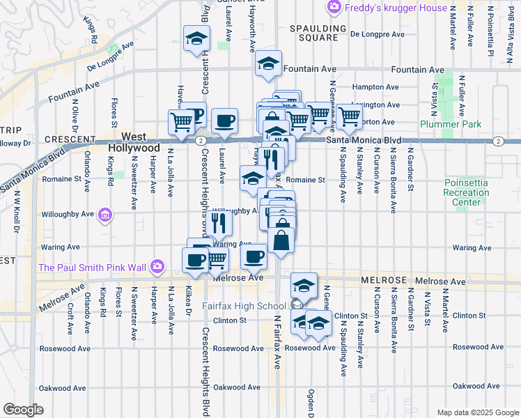 map of restaurants, bars, coffee shops, grocery stores, and more near 7917 Willoughby Avenue in West Hollywood