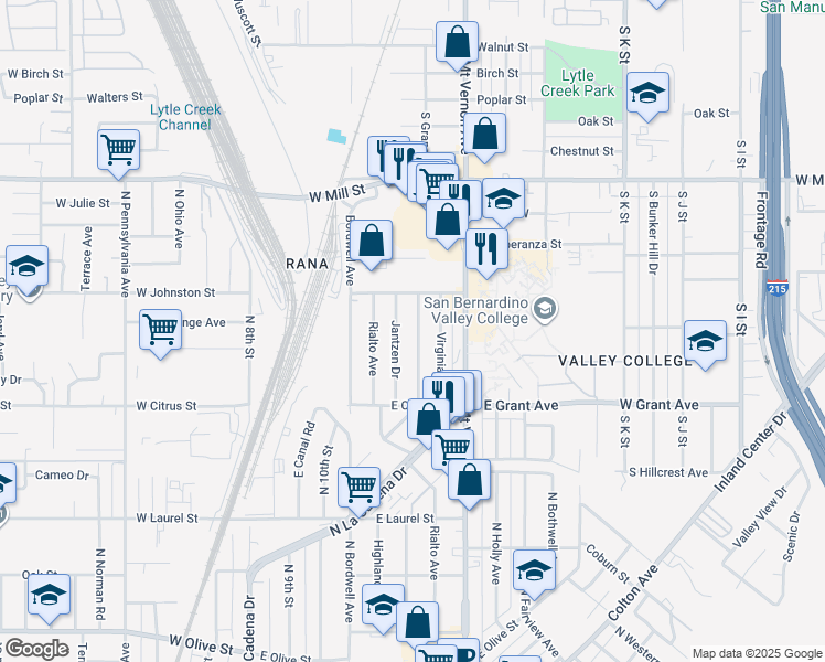 map of restaurants, bars, coffee shops, grocery stores, and more near 1720 Jantzen Drive in Colton