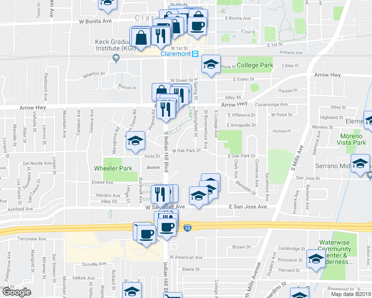 map of restaurants, bars, coffee shops, grocery stores, and more near 257 West Oak Park Drive in Claremont