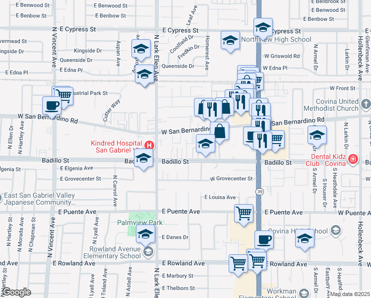 map of restaurants, bars, coffee shops, grocery stores, and more near 1143 West Badillo Street in Covina