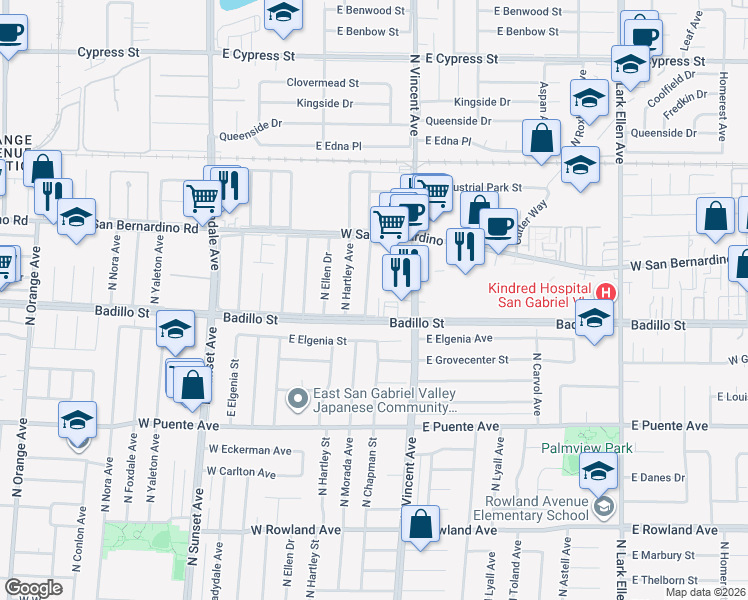 map of restaurants, bars, coffee shops, grocery stores, and more near 4026 North Morada Avenue in Covina
