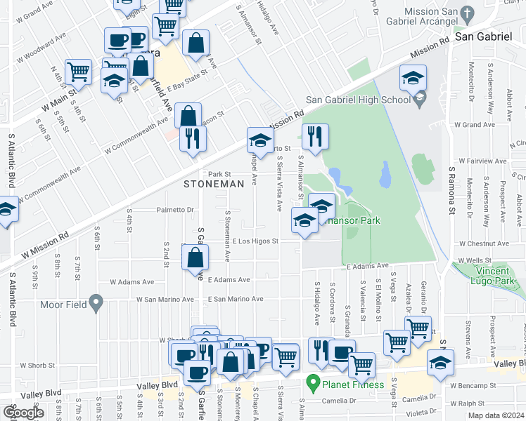 map of restaurants, bars, coffee shops, grocery stores, and more near 743 South Sierra Vista Avenue in Alhambra